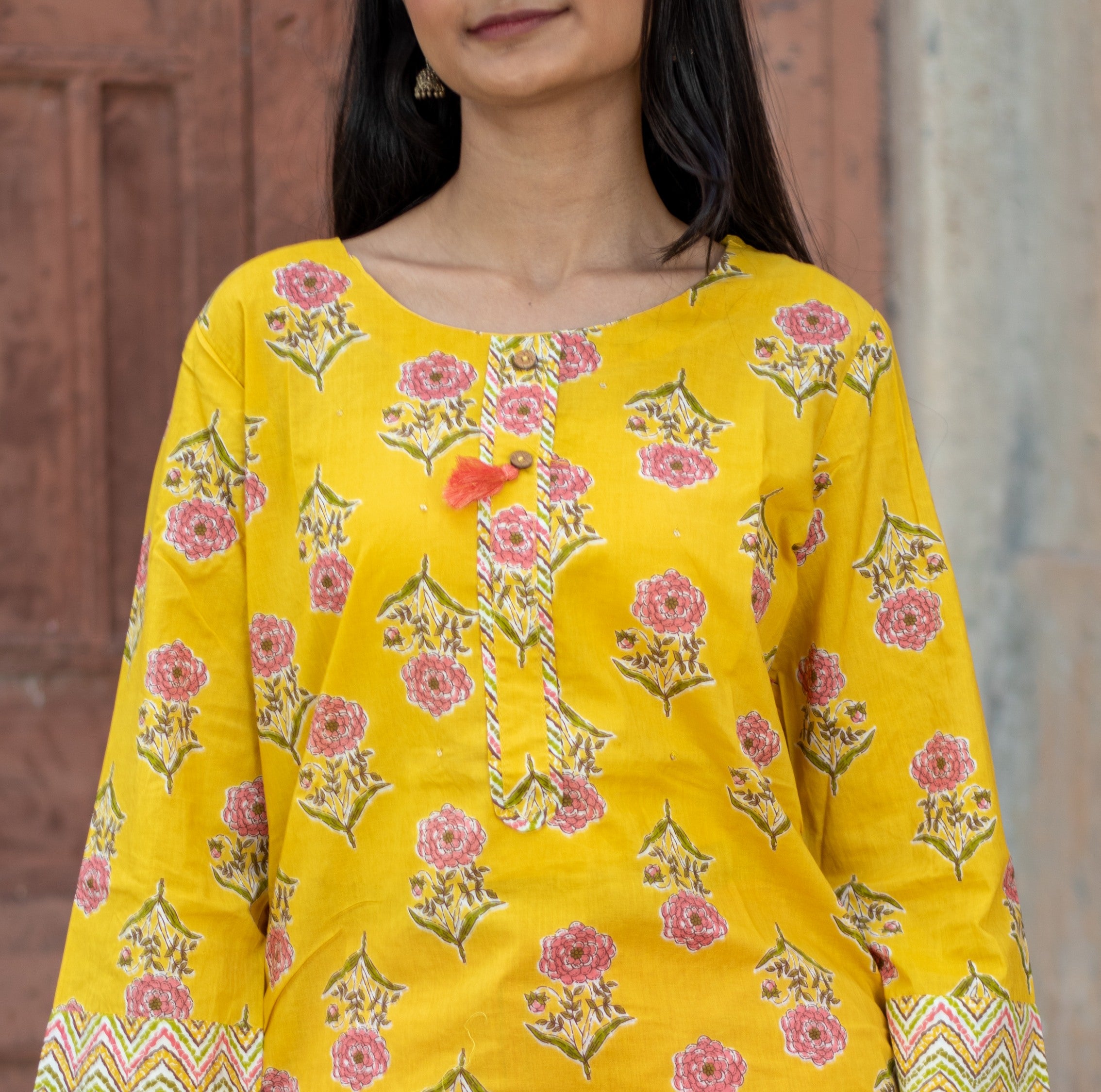 Yellow Ethnic Motif Printed Cotton Kurta