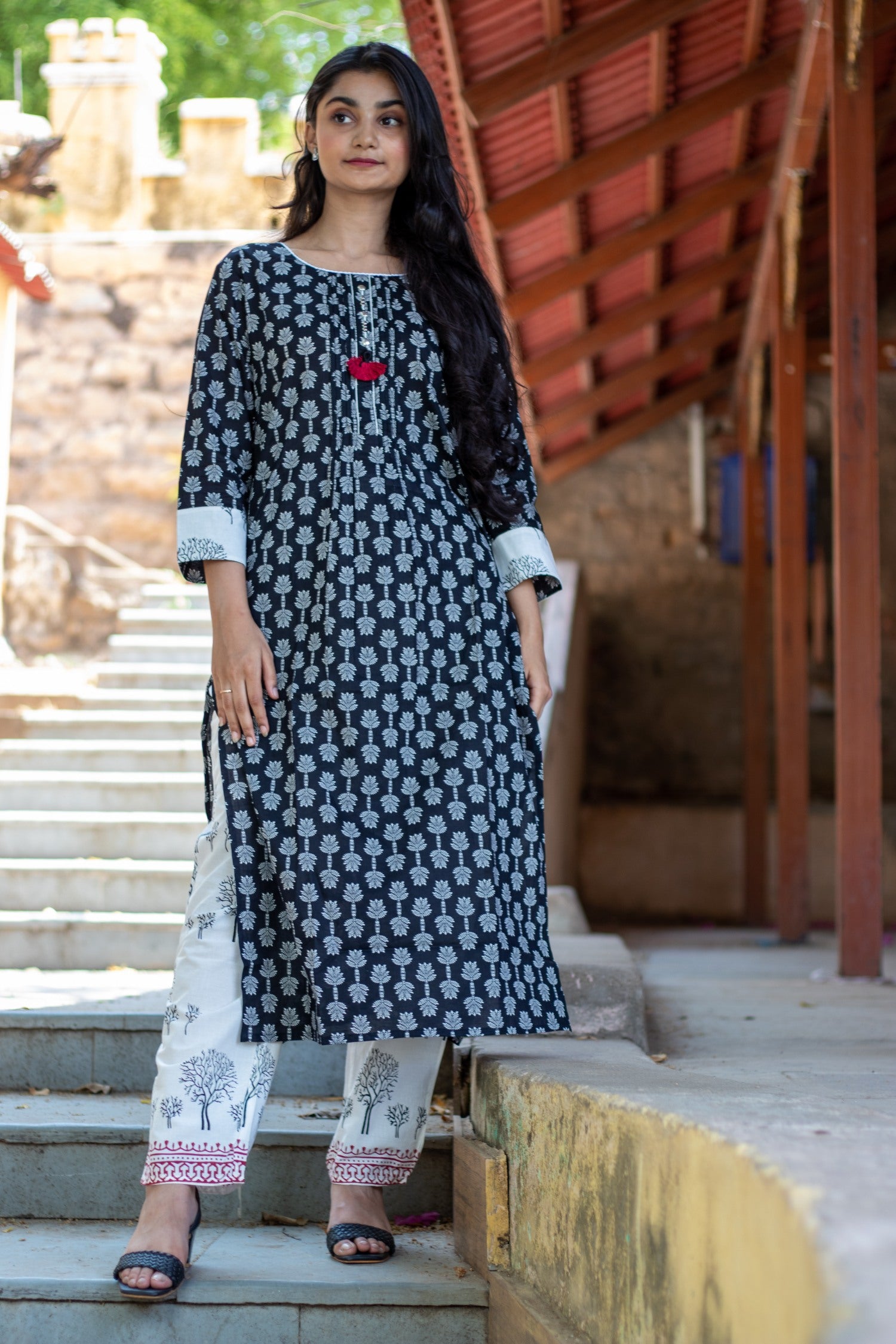 Black and White Ethnic Motif Printed Cotton Kurta and Trouser