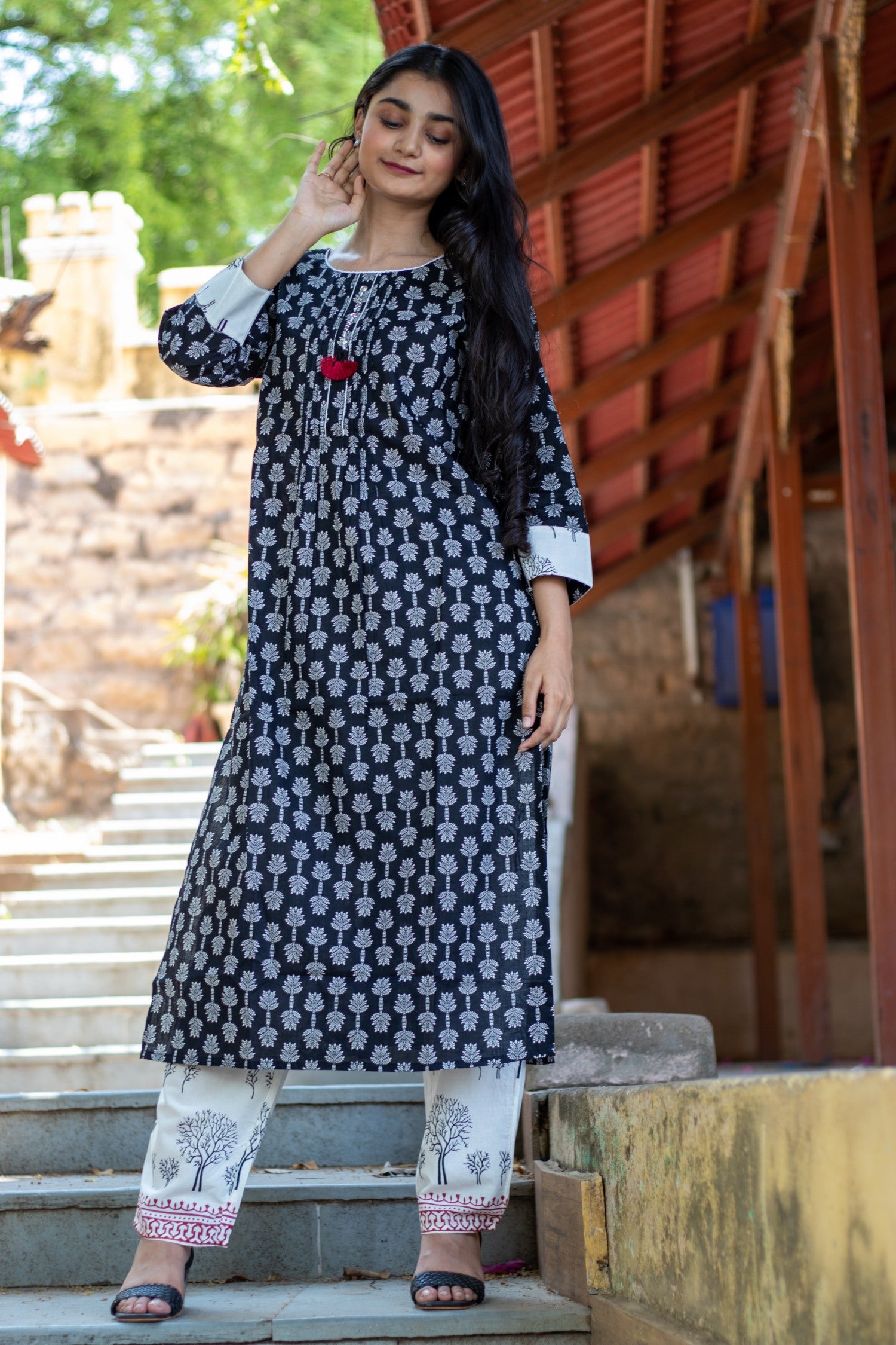 Black and White Ethnic Motif Printed Cotton Kurta and Trouser