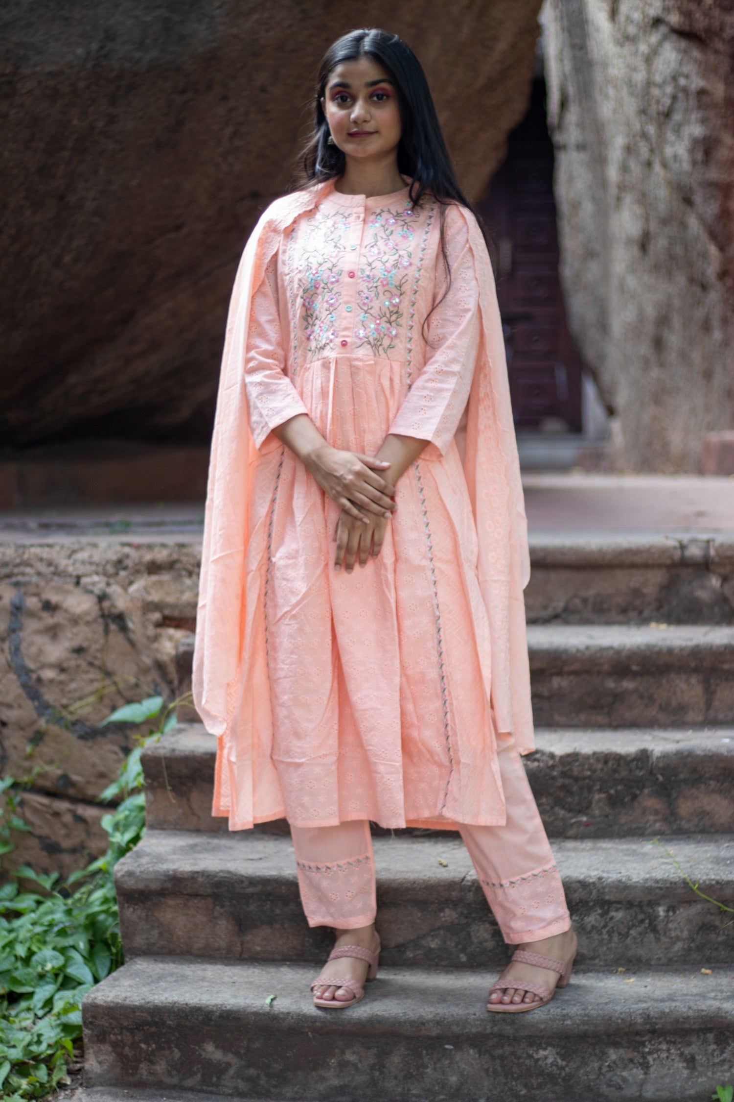 Embroidered Schiffli Cotton Suit with Dupatta