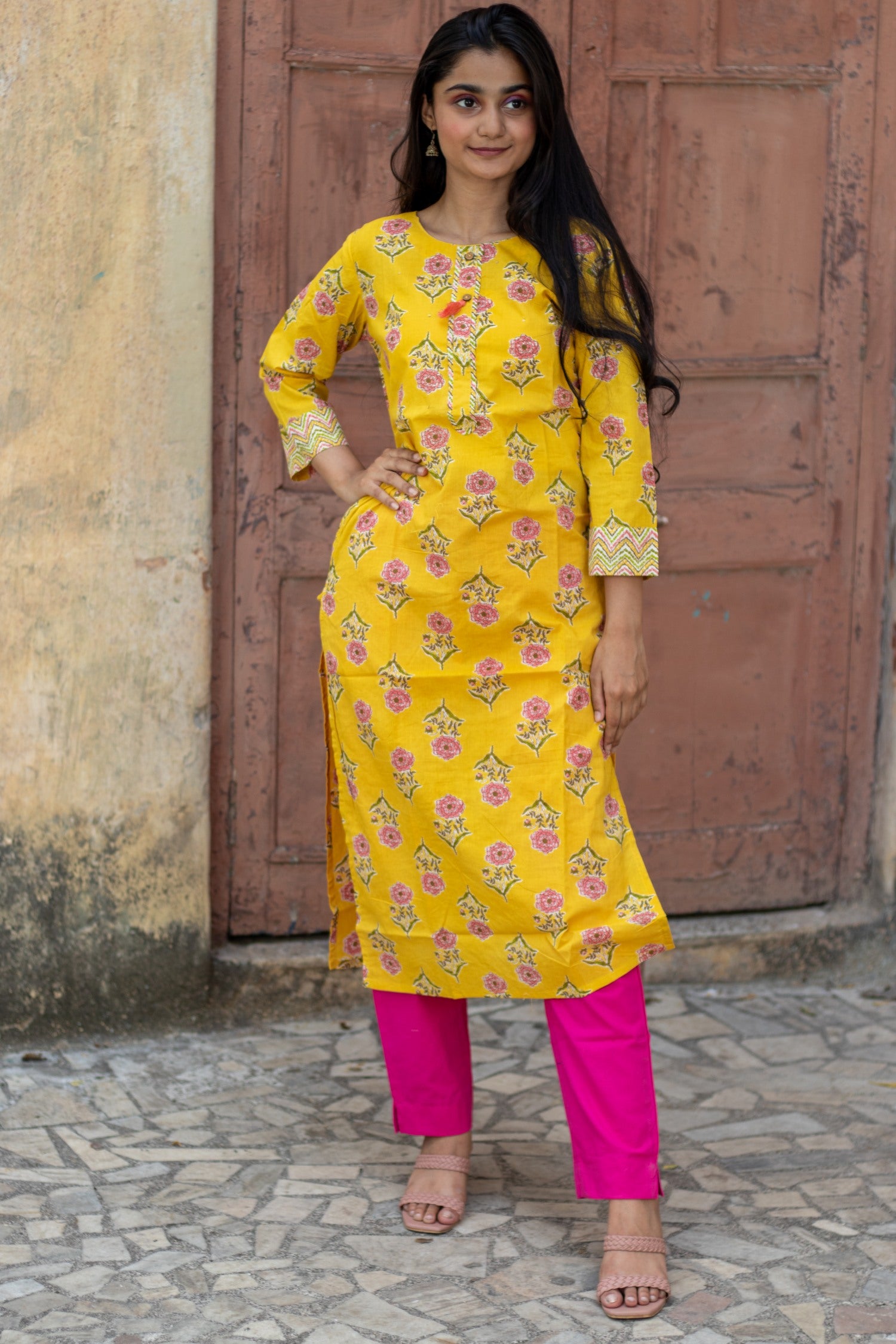 Yellow Ethnic Motif Printed Cotton Kurta