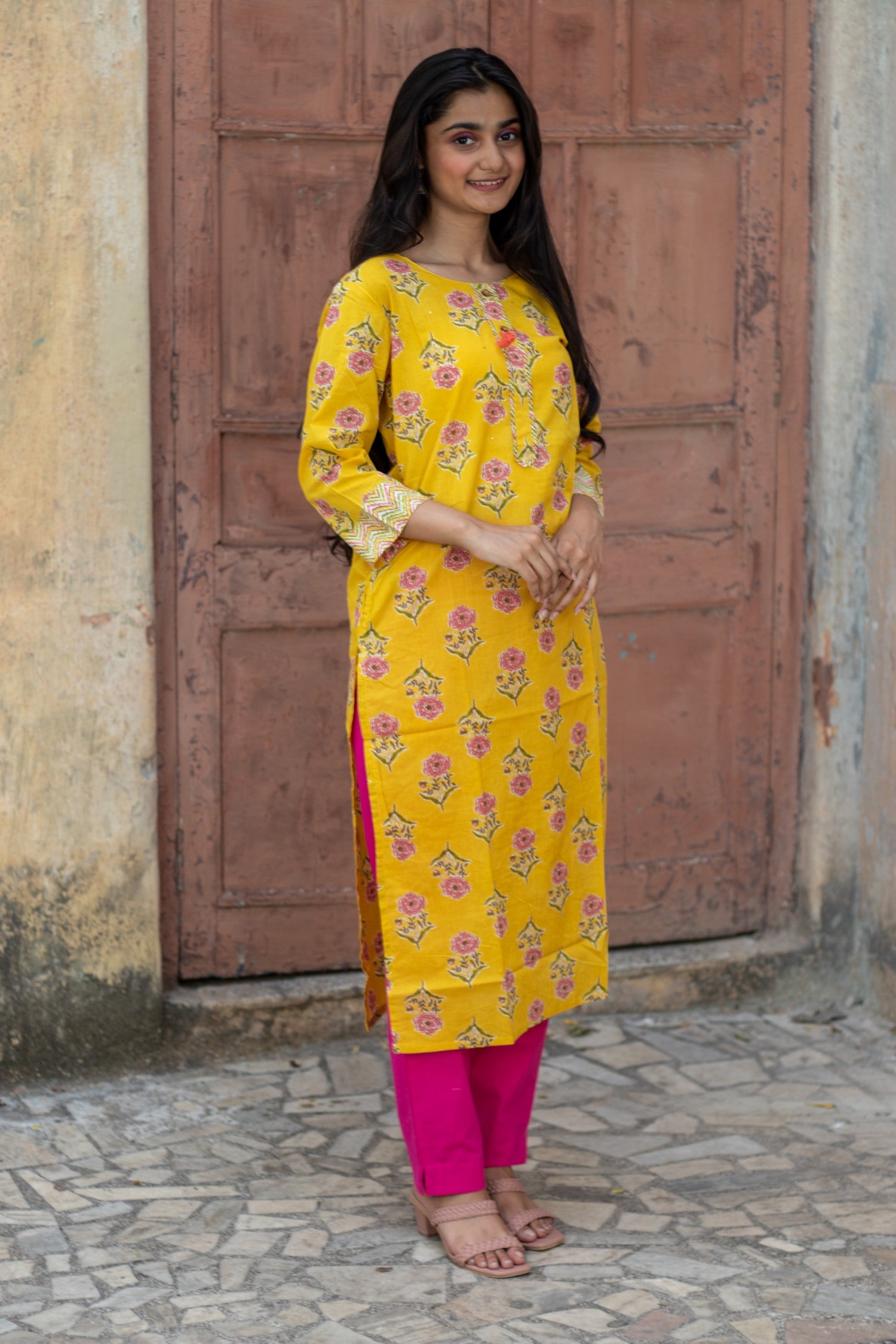 Yellow Ethnic Motif Printed Cotton Kurta