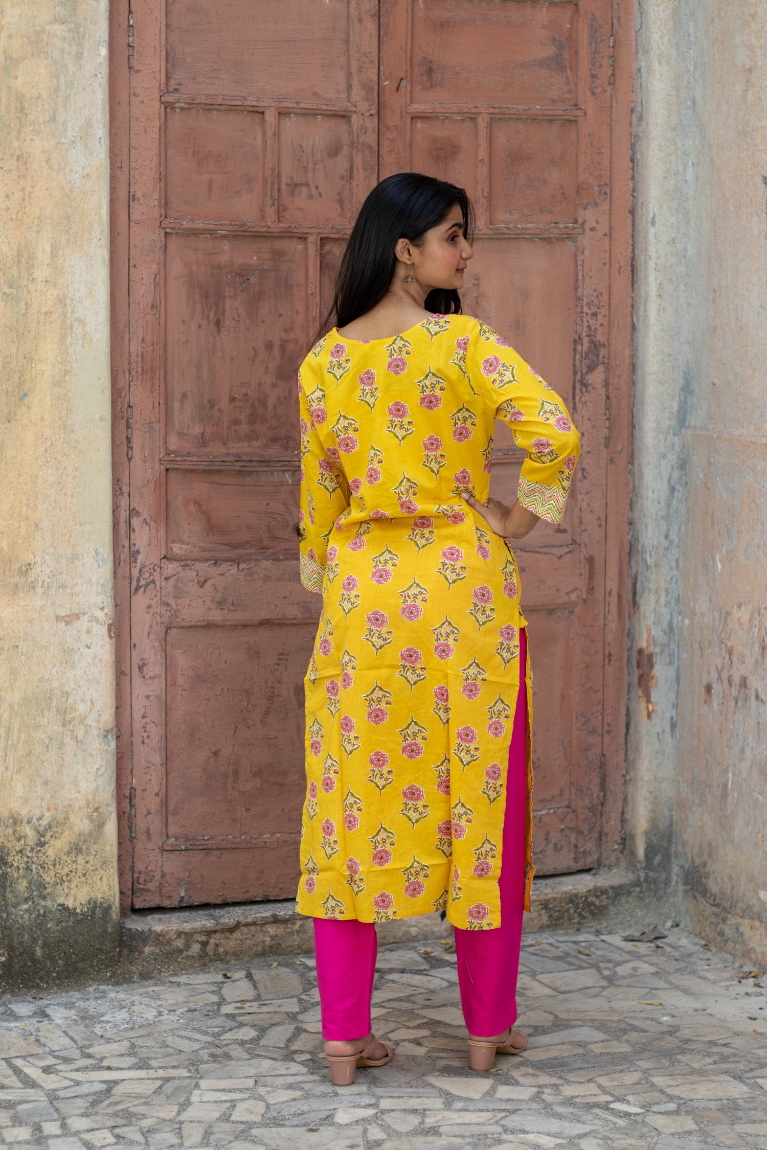 Yellow Ethnic Motif Printed Cotton Kurta