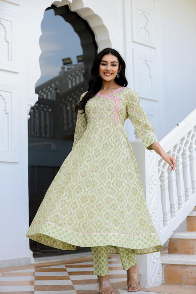 Ethnic Motif Printed Cotton Anarkali Suit Set