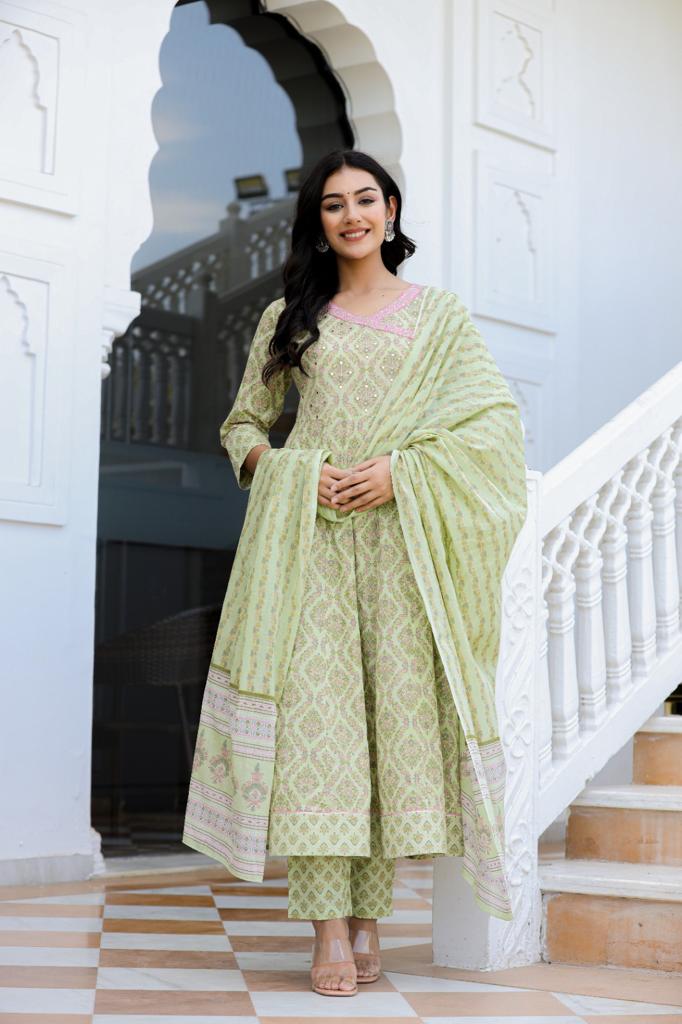 Ethnic Motif Printed Cotton Anarkali Suit Set