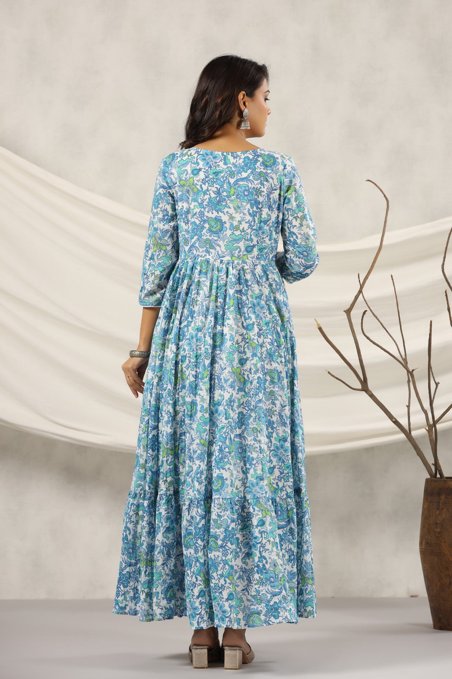 Blue Floral Printed Pure Cotton Anarkali Kurta