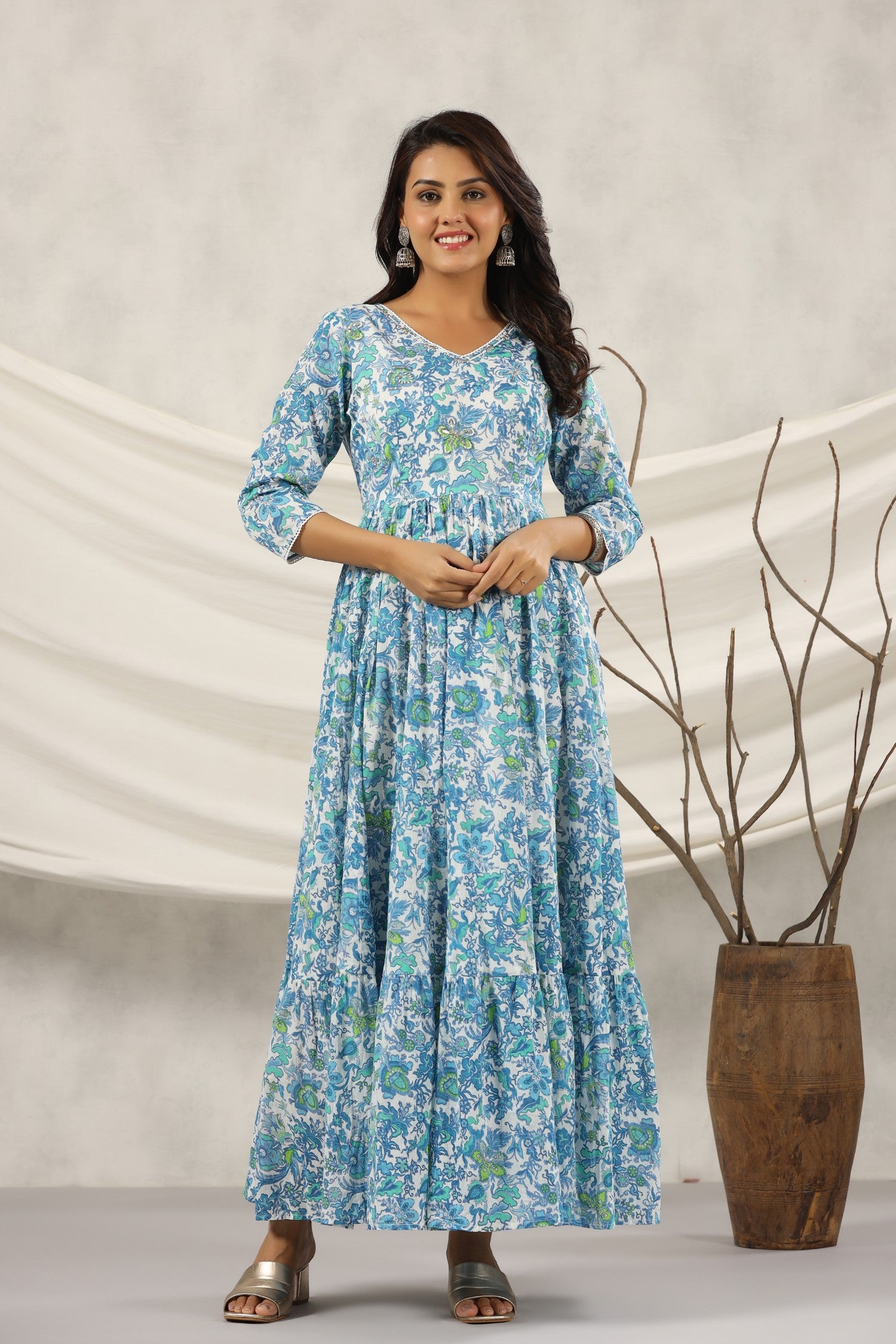 Blue Floral Printed Pure Cotton Anarkali Kurta