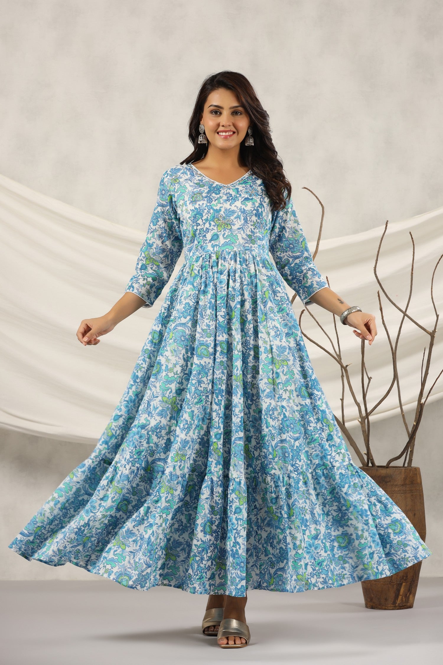 Blue Floral Printed Pure Cotton Anarkali Kurta