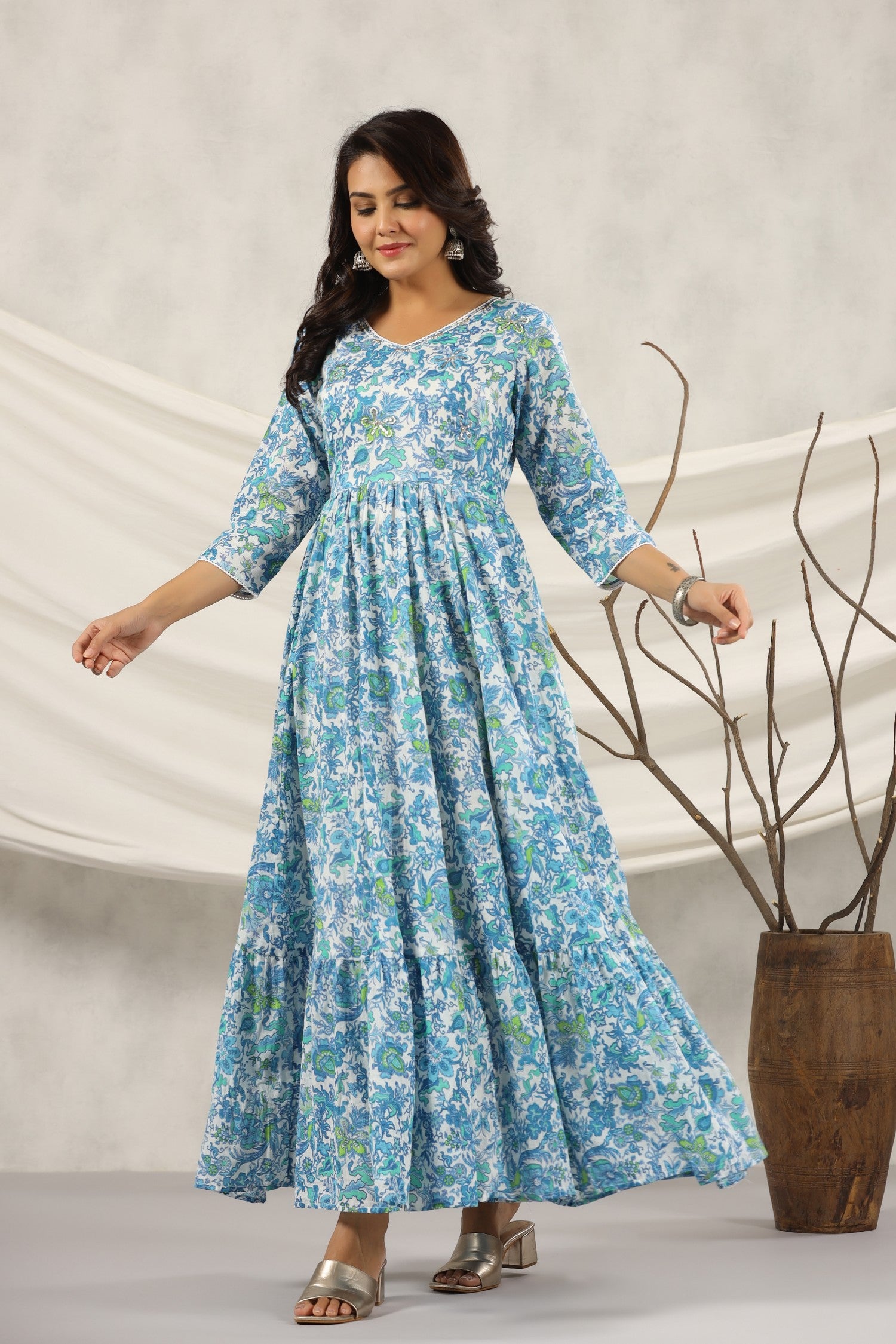 Blue Floral Printed Pure Cotton Anarkali Kurta