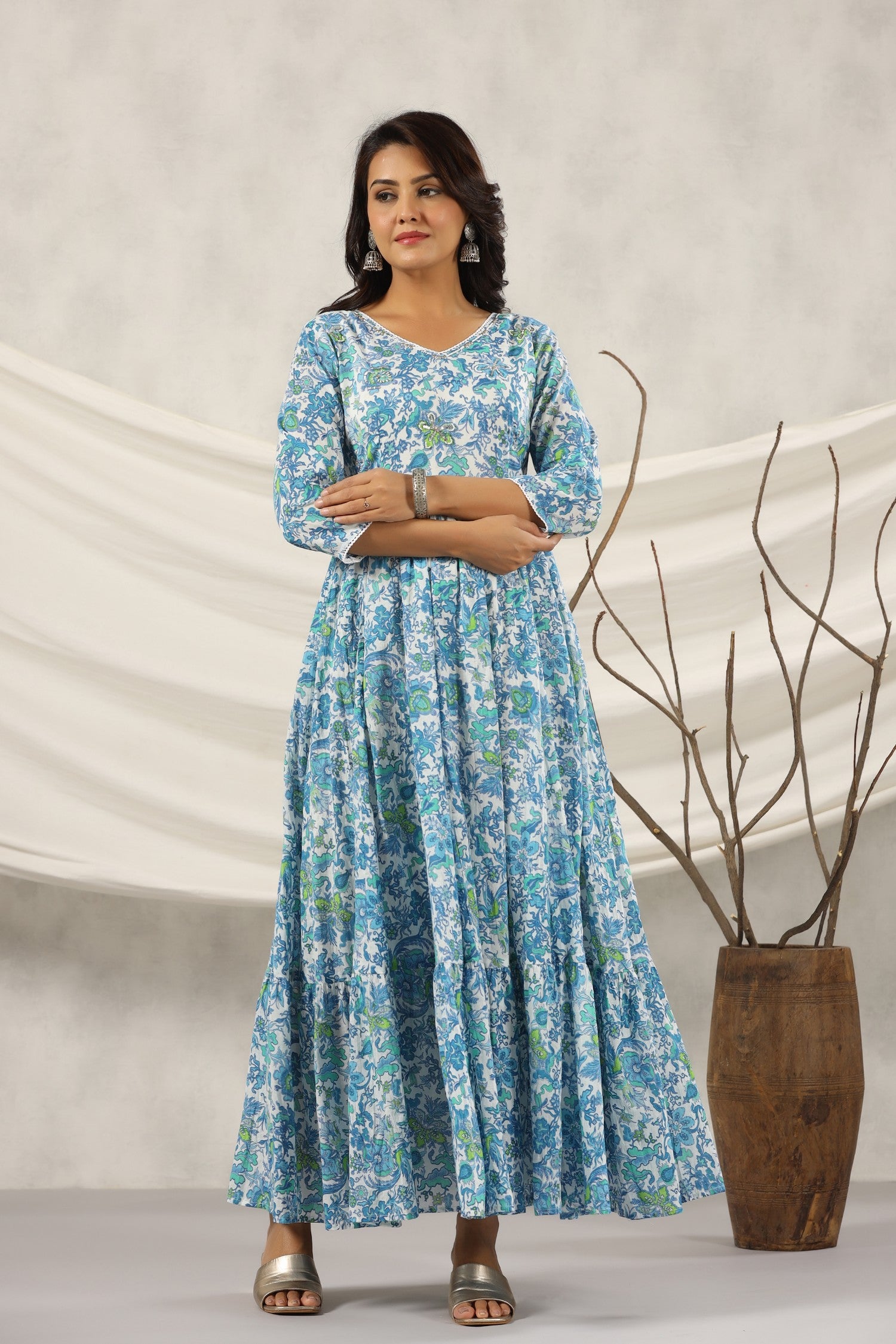 Blue Floral Printed Pure Cotton Anarkali Kurta