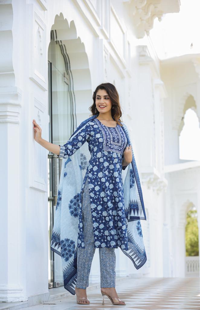 Blue Printed Pure Cotton Suit Set