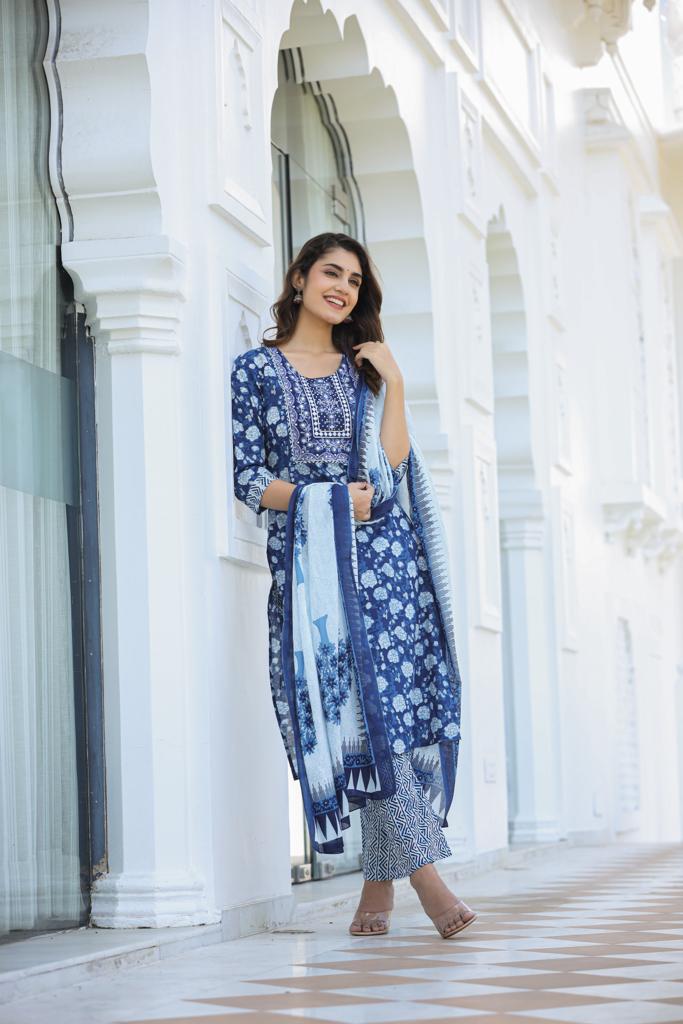 Blue Printed Pure Cotton Suit Set