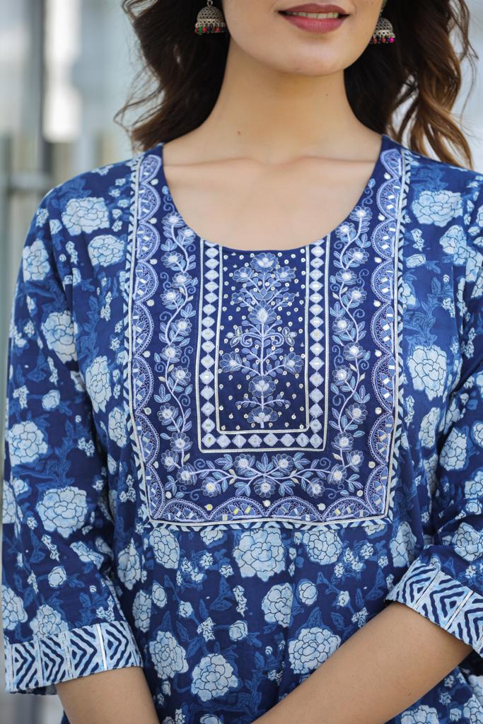 Blue Printed Pure Cotton Suit Set