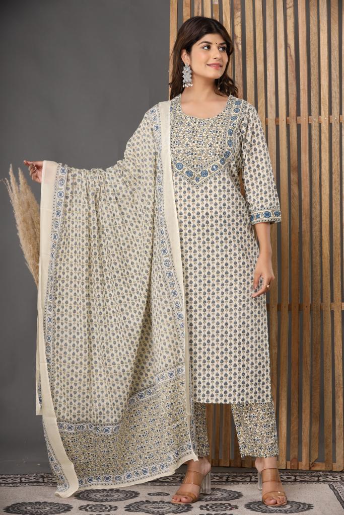 Ethnic Motif Printed Cotton Kurta with Trouser and Dupatta