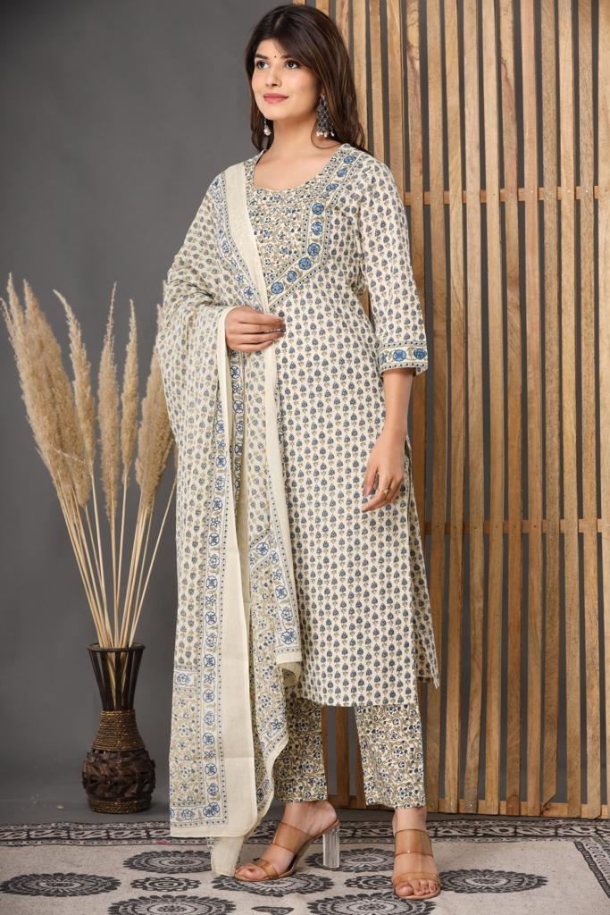 Ethnic Motif Printed Cotton Kurta with Trouser and Dupatta