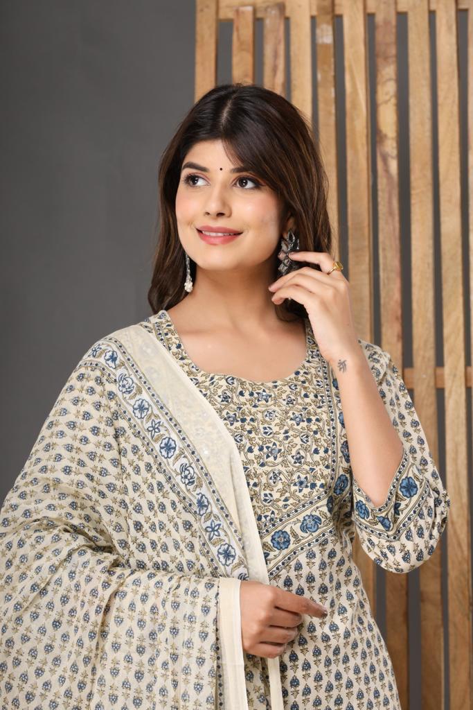 Ethnic Motif Printed Cotton Kurta with Trouser and Dupatta