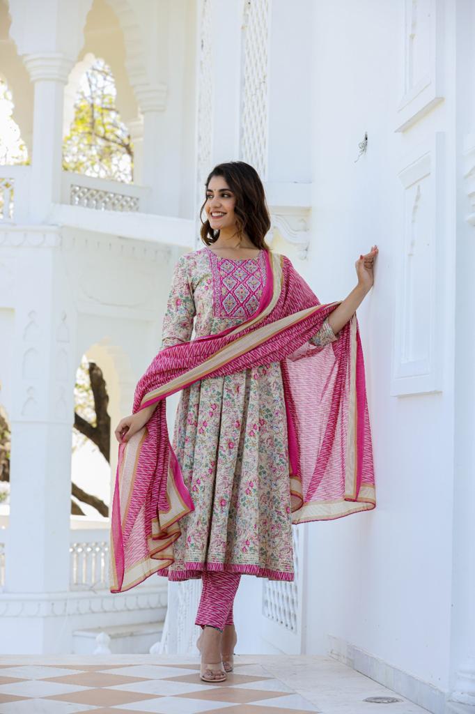 Floral Jaal Printed Cotton Anarkali Kurta with Trouser and Dupatta