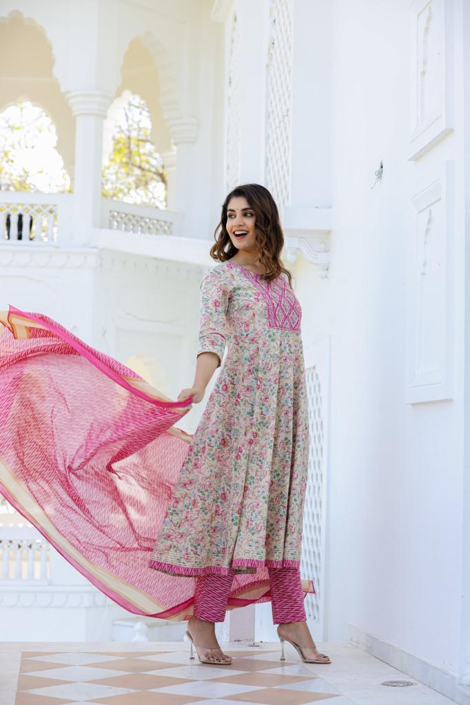 Floral Jaal Printed Cotton Anarkali Kurta with Trouser and Dupatta